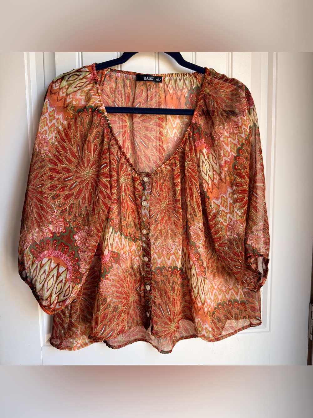 a.n.a Orange Multicolor Floral Sheer Button-Front Blouse